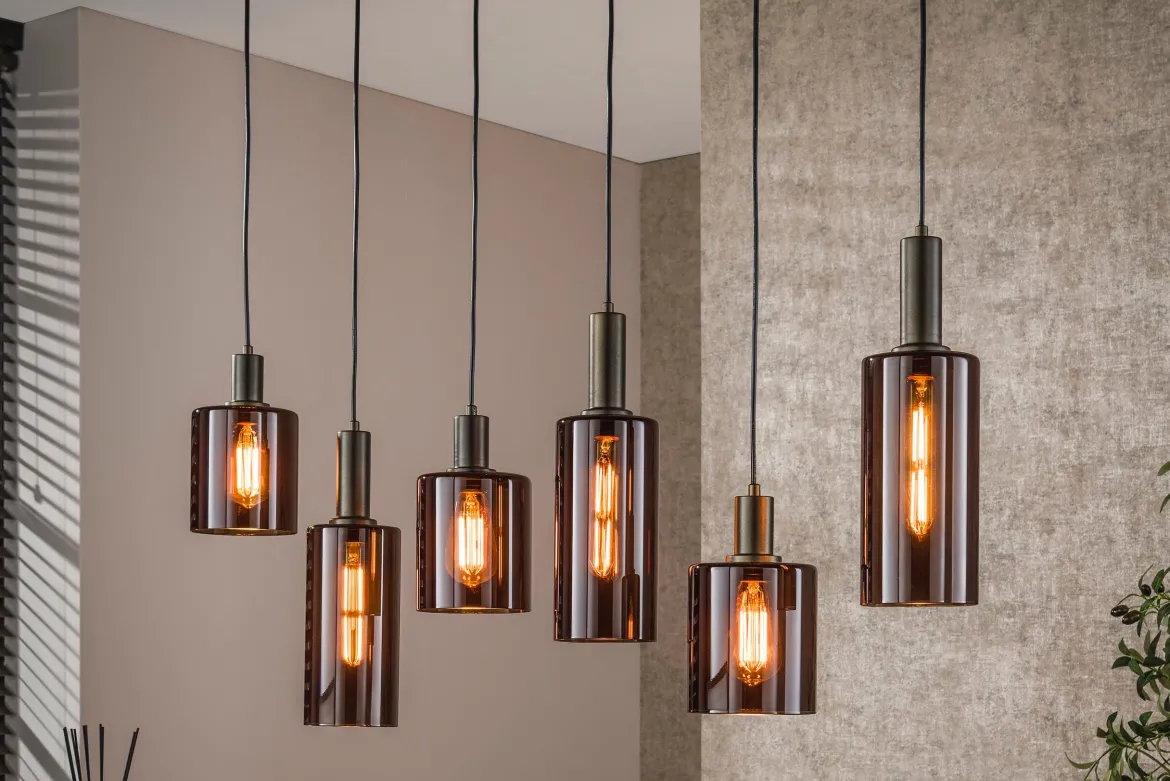 Pendelleuchte Ayu – Zylindrische Glasschirme in Braun (6-flammig)