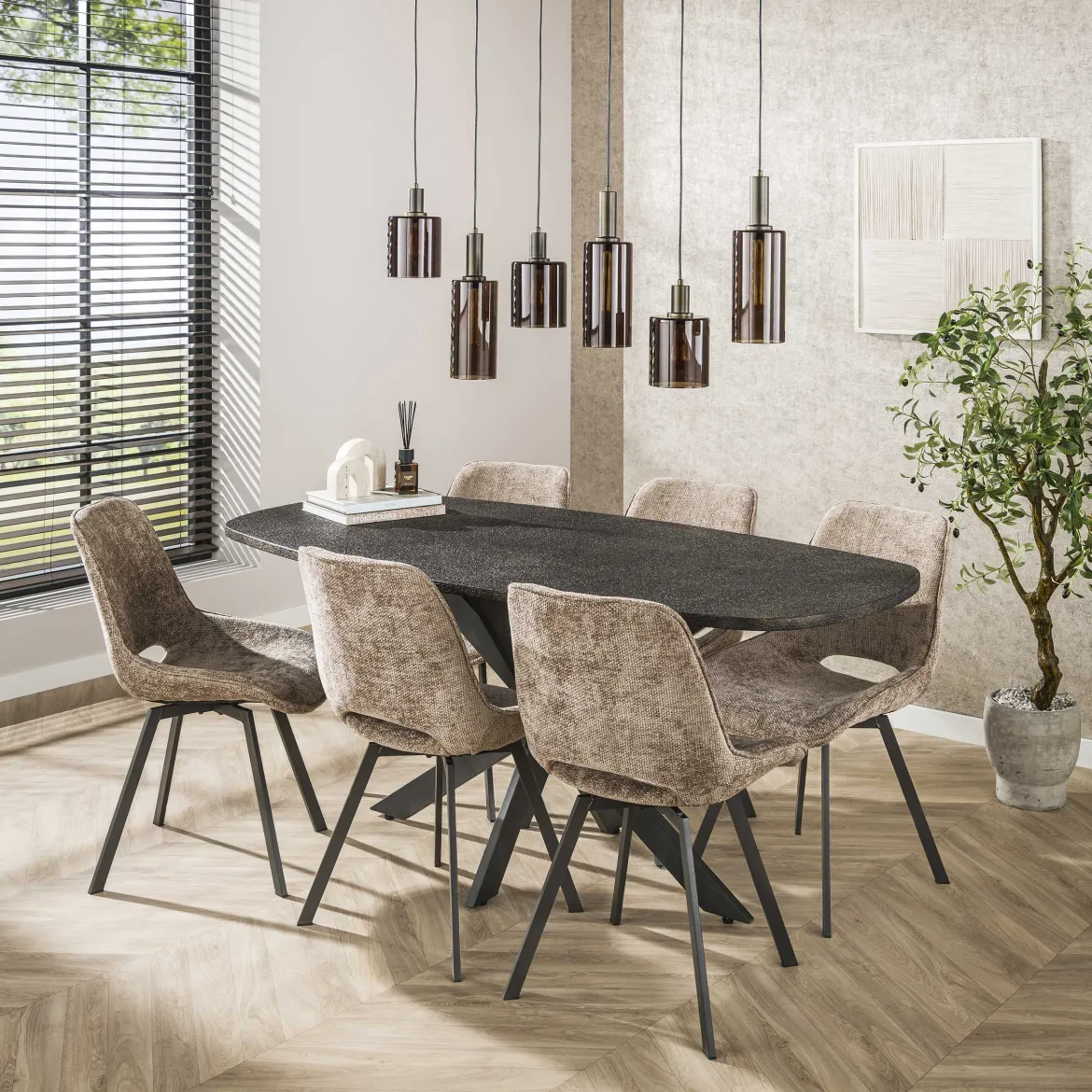 Pendelleuchte Ayu – Zylindrische Glasschirme in Braun (6-flammig)