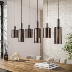 Pendelleuchte Ayu – Zylindrische Glasschirme in Braun (6-flammig)