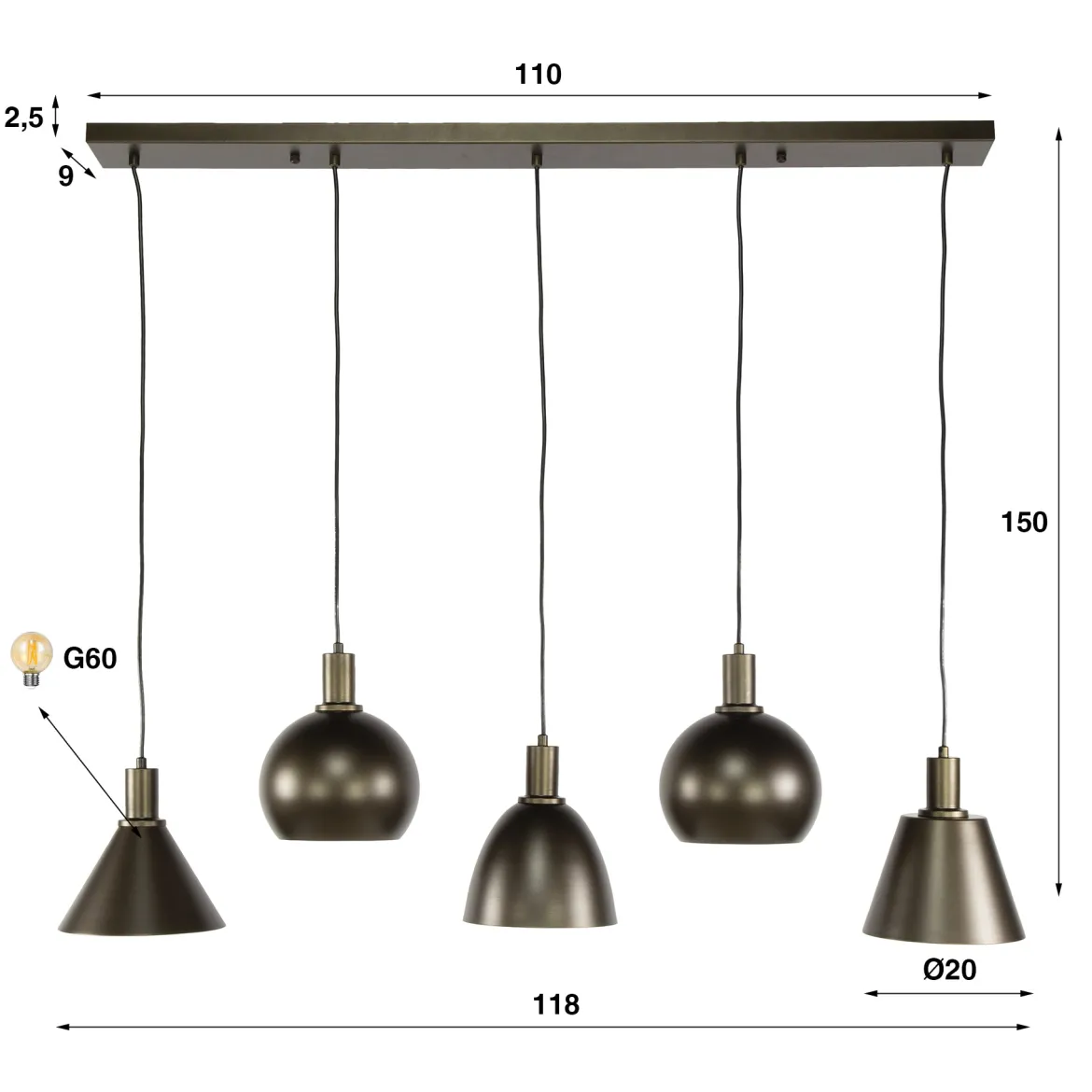 Pendelleuchte Bravino – Fünf Metallschirme in Braun oder Beige (5-flammig)