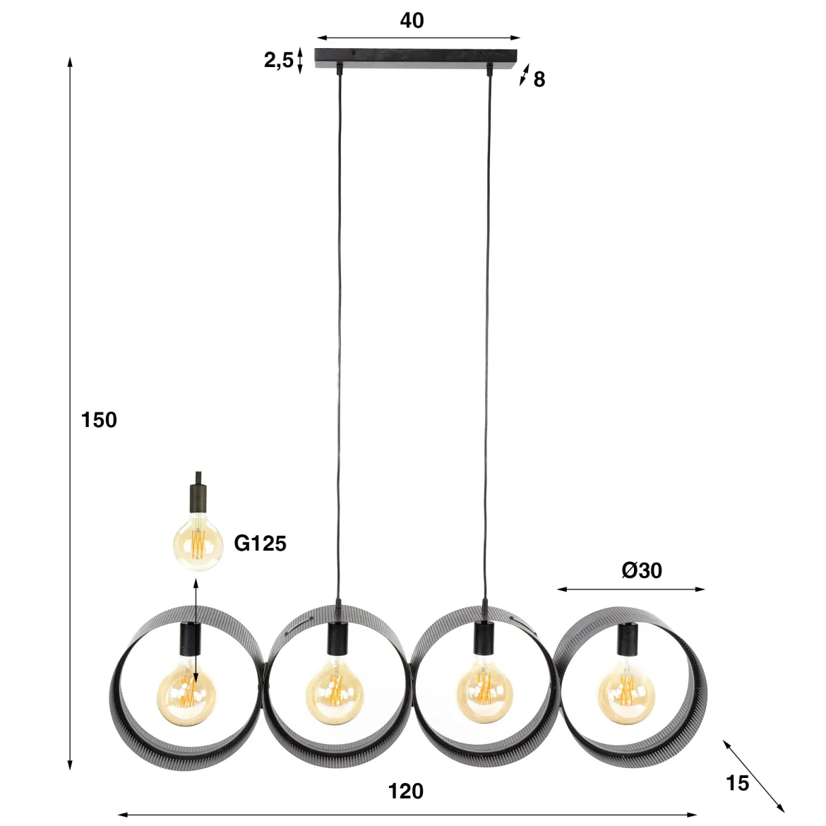 Pendelleuchte „Calyra“ – Mit 4 Leuchten und perforierten Ring-Lampenschirmen in Anthrazit