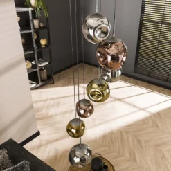 Pendelleuchte „Elaris“ – 7 Leuchten gestuft in der Metall-Farbkombination Gold,Kupfer und Chrom