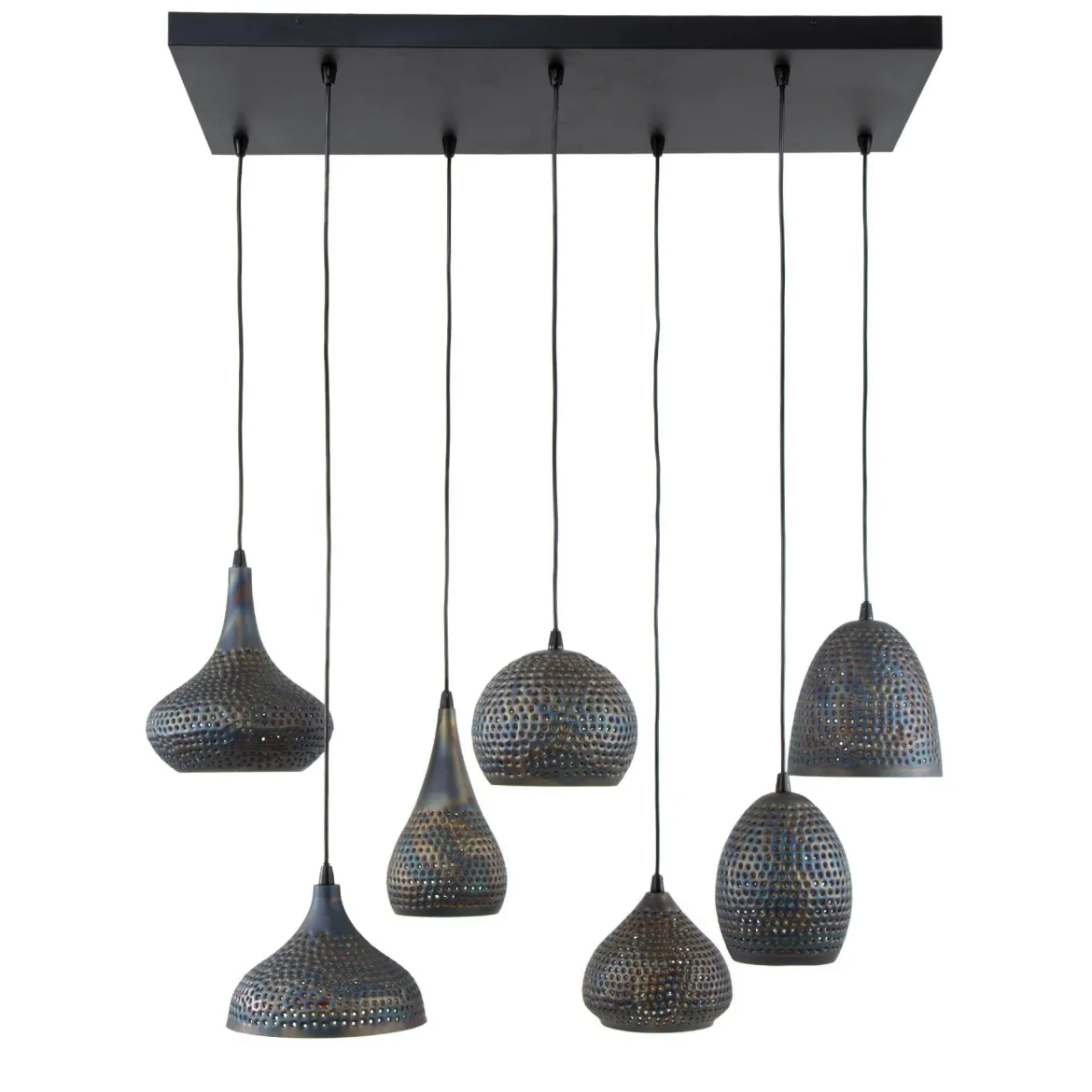 Pendelleuchte "Lioris“ – Mit 7 individuellen Lampenschirmen aus Metall in Schwarz-Bronze