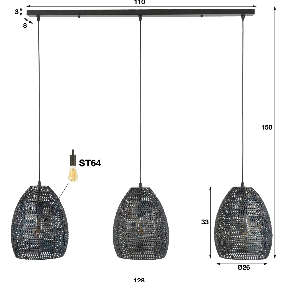 Pendelleuchte "Lumeya“ – Mit 3 perforierten, handgefertigten Lampenschirmen aus Metall in Schwarz-Bronze