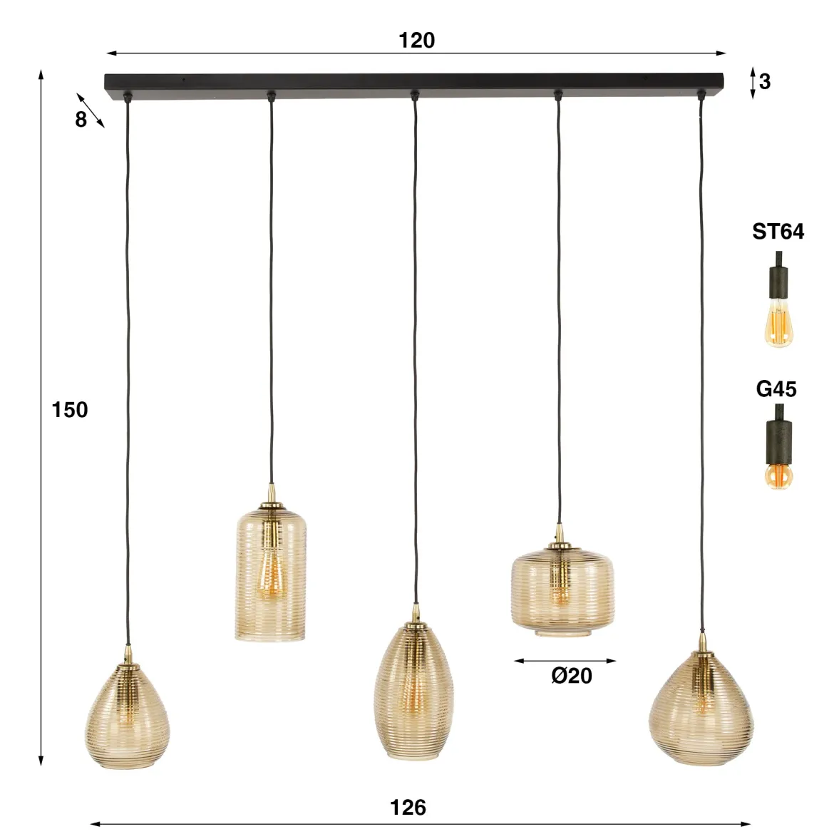 Pendelleuchte Lumira – Handgefertigte Glasschirme in Smoke-Braun (5-flammig)