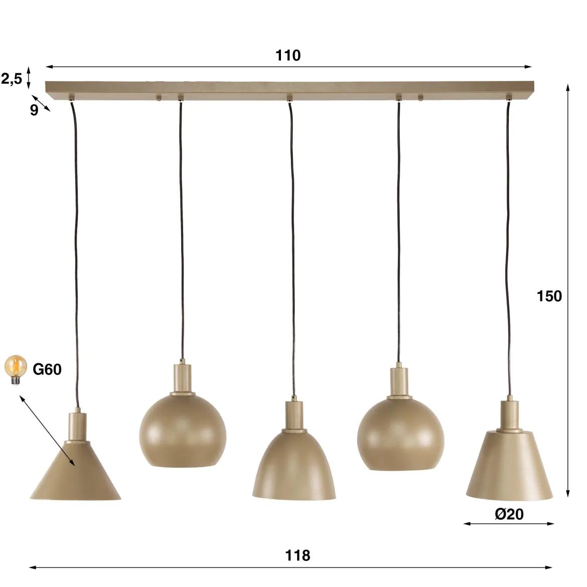 Pendelleuchte "Lumiselle“ – 5 Leuchten aus Metall in unterschiedlichen Formen in Beige oder Bronze