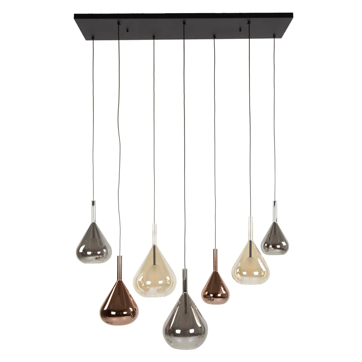 Pendelleuchte "Lumora“ – 7 tropfenförmige Glasschirme in Bernstein, Kupfer und Chrom
