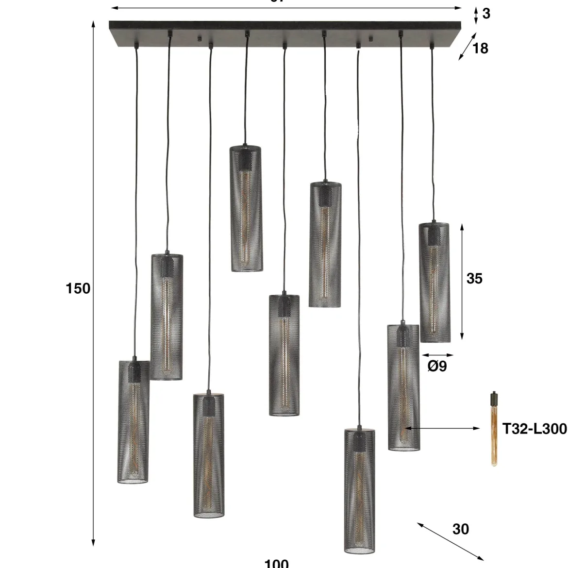 Pendelleuchte „Marcella“ – Mit 9 Leuchten in edlem, schwarzen Tube-Mesh-Design