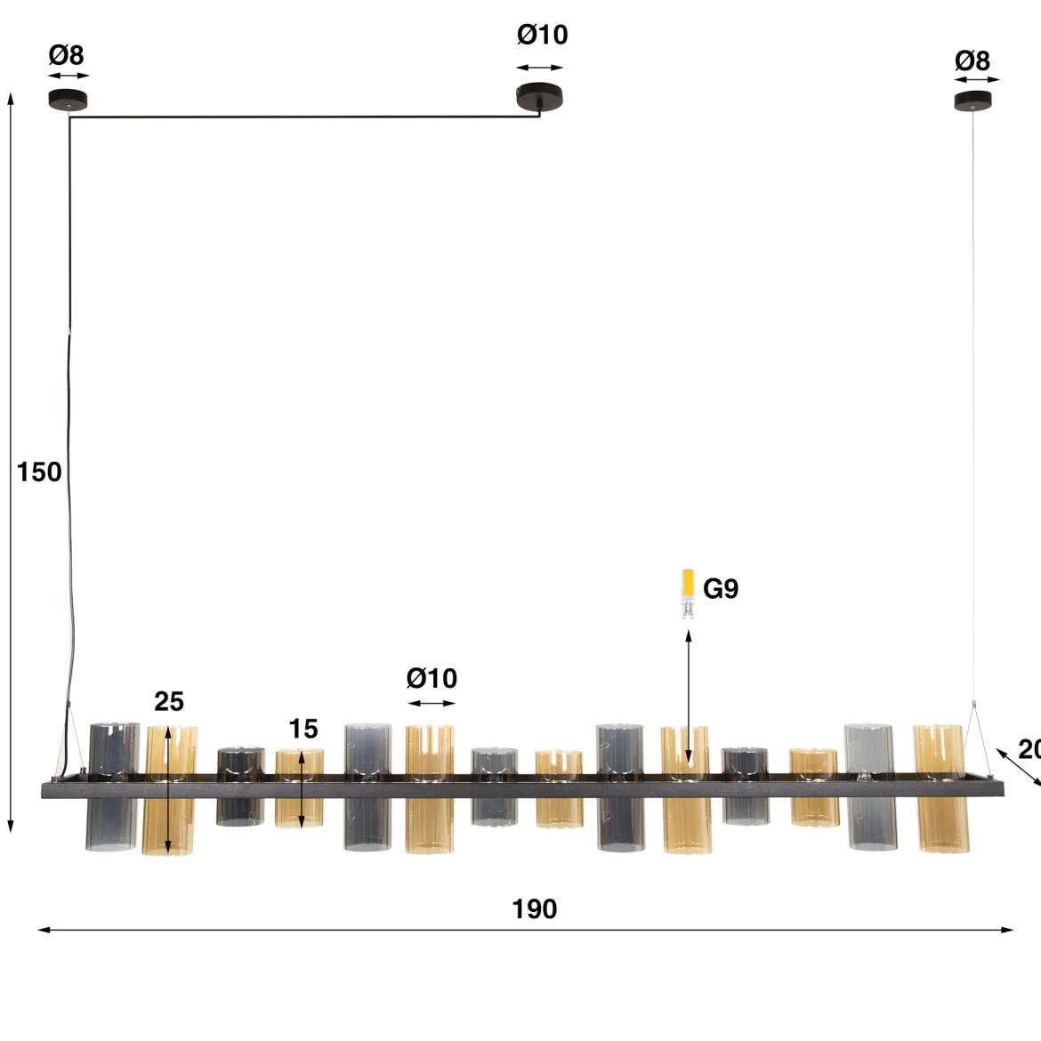 Pendelleuchte "Melvira“ – 14 zylindrische Glasschirme in Bernstein- und Chromoptik