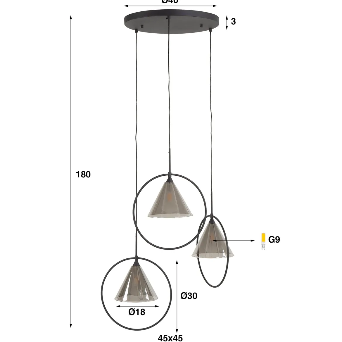 Pendelleuchte „Murielle“ – Gestuft mit 3 Leuchten und Rauchglas im Loop-Design