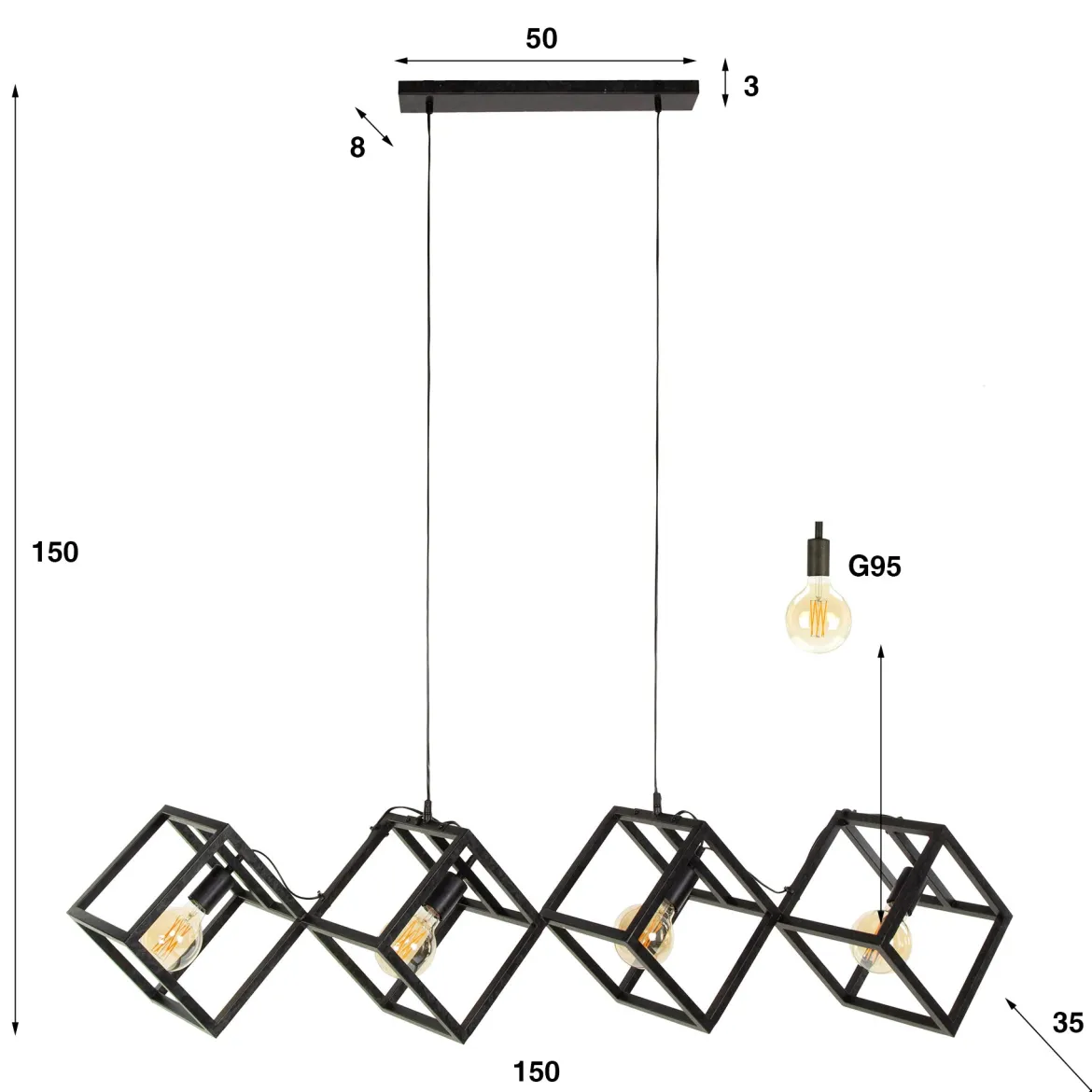 Pendelleuchte „Orlis“ – 4 Leuchten angeordnet im Cube-Design in Anthrazit