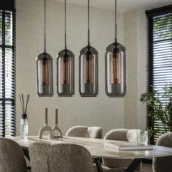 Pendelleuchte „Rivella“ – Mit 4 Leuchten im Rauchglas-Mesh-Design mit zylindrischen Kupfergitterschirmen