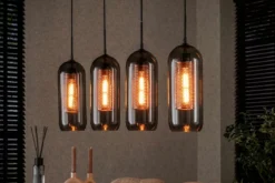 Pendelleuchte „Rivella“ – Mit 4 Leuchten im Rauchglas-Mesh-Design mit zylindrischen Kupfergitterschirmen