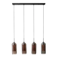 Pendelleuchte „Rivella“ – Mit 4 Leuchten im Rauchglas-Mesh-Design mit zylindrischen Kupfergitterschirmen
