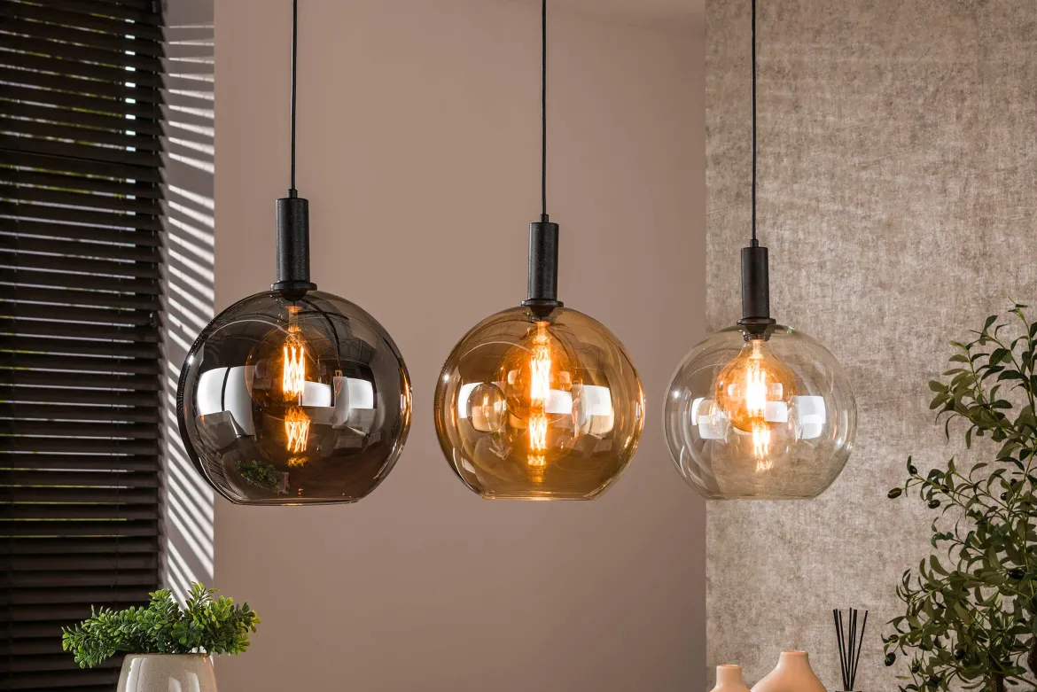 Pendelleuchte "Seralis“ – 3 Glasschirme in Chrom, Bernstein und Transparent mit Metall Armatur