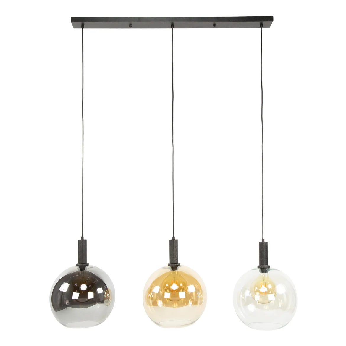 Pendelleuchte "Seralis“ – 3 Glasschirme in Chrom, Bernstein und Transparent mit Metall Armatur