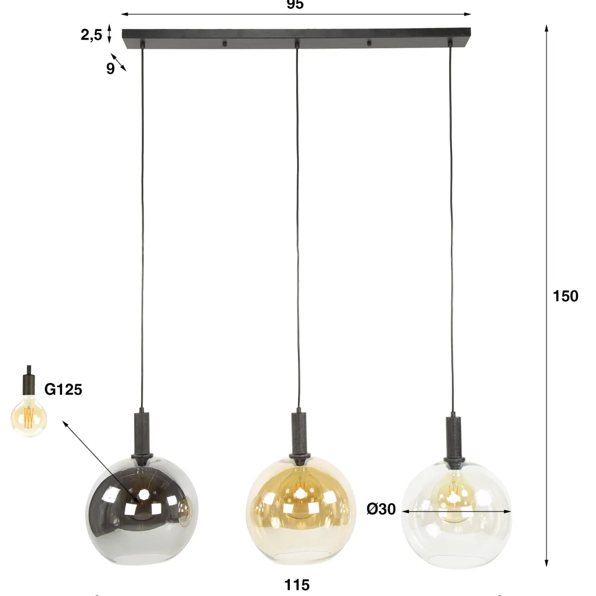Pendelleuchte "Seralis“ – 3 Glasschirme in Chrom, Bernstein und Transparent mit Metall Armatur