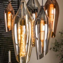 Pendelleuchte "Thalira“ – 7 Glasschirme in Bernstein, Kupfer und Chrom mit Metall-Armatur