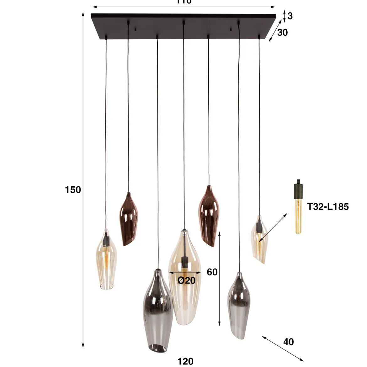 Pendelleuchte "Thalira“ – 7 Glasschirme in Bernstein, Kupfer und Chrom mit Metall-Armatur