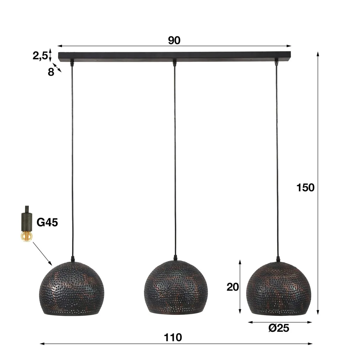 Pendelleuchte "Veloria“ – Mit 3 perforierten Kugelschirmen aus Metall in Schwarz-Bronze