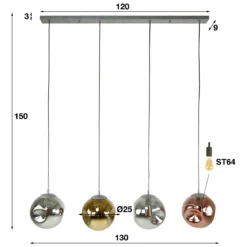 Pendelleuchte „Virelli“ – 4 Leuchten in der Metall-Farbkombination Gold, Kupfer und Chrom