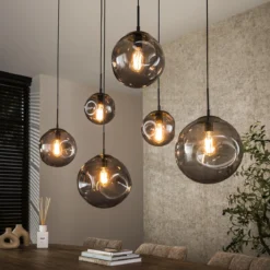 Pendelleuchte „Zephyra“ – 6 Leuchten im Rauchglas Design mit organischem Deckensockel