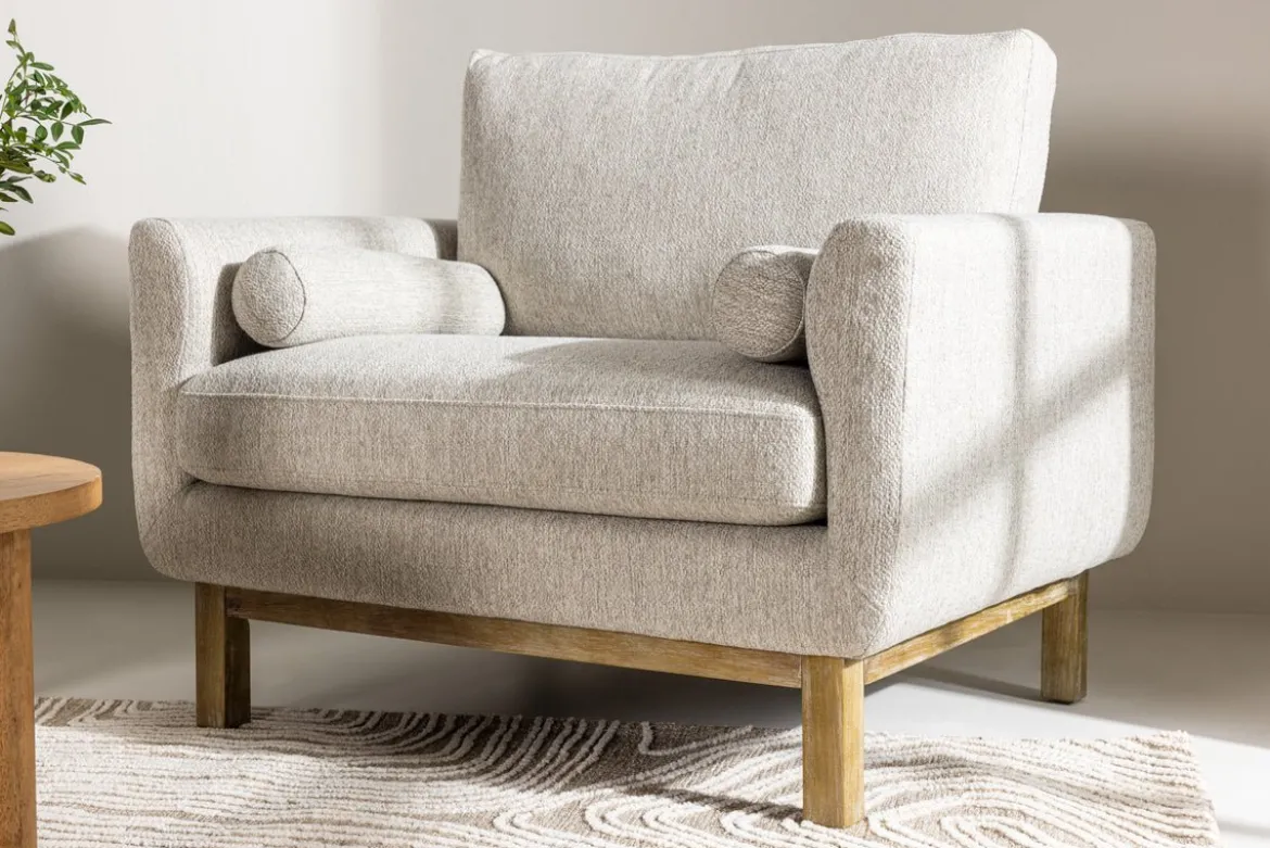 Sessel Living - aus Gummibaumholz mit beigefarbene Polyesterbezug