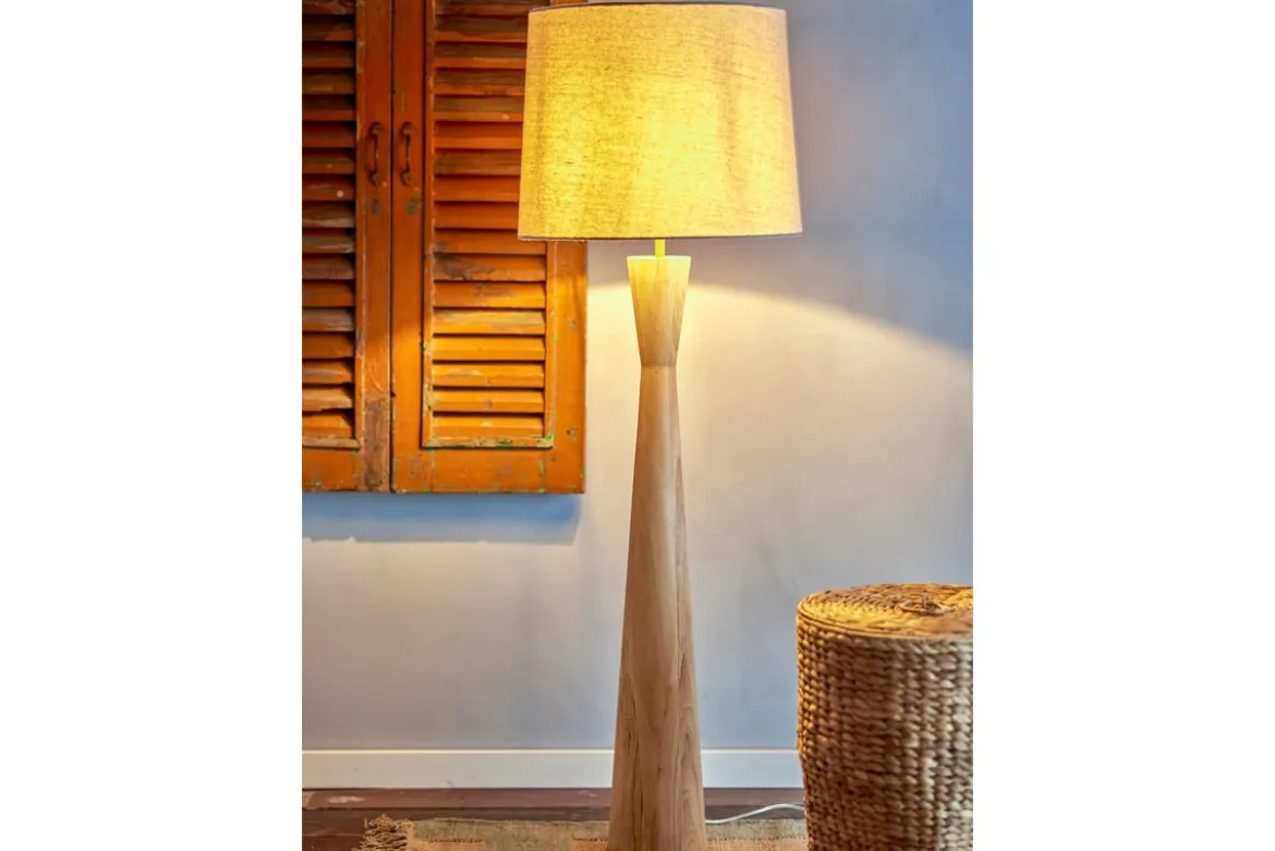 Stehlampe Calen – Gummibaumholz mit Leinenschirm