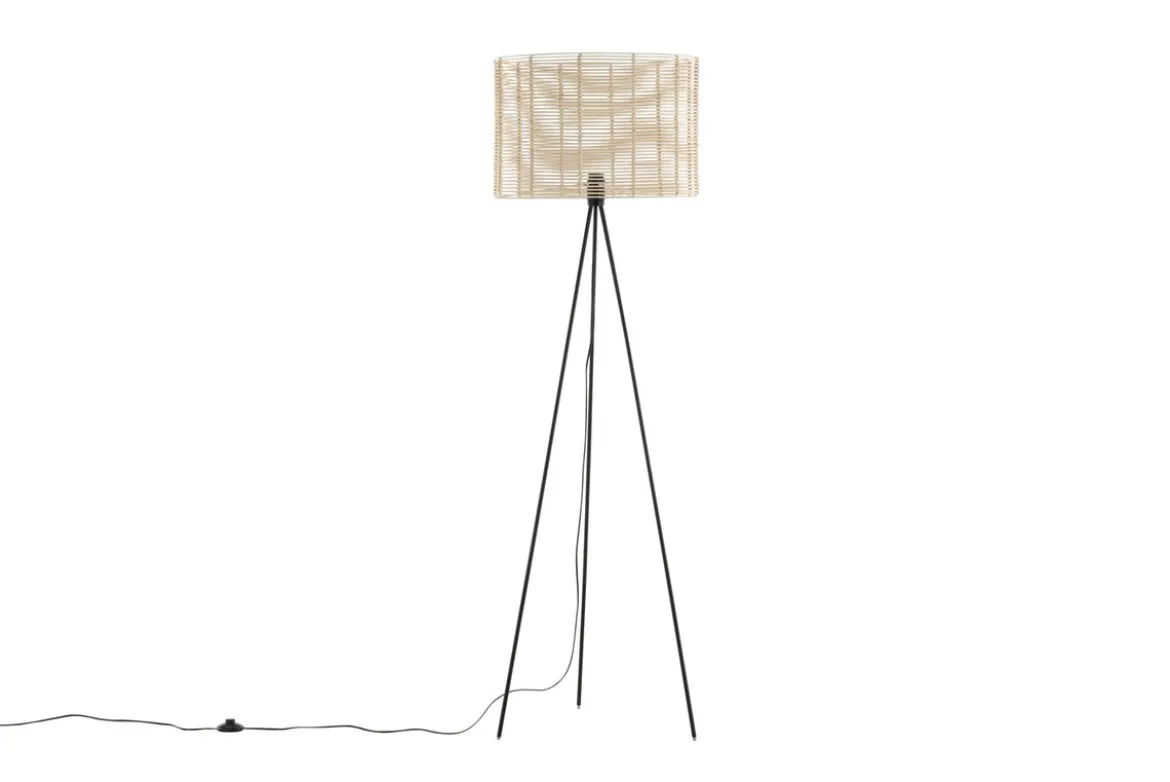 Stehlampe „Diana“ – Schwarzes Gestell mit Rattan Lampenschirm