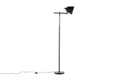 Stehlampe „Grimming“ – ruhige schwarze Klarheit mit Holzdetails