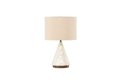 Tischlampe „Pyramidea“ – Elegantes Design aus Capiz & Jute in Hellgrau