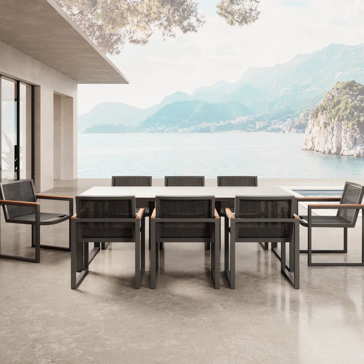 Vayla Dining – Esstisch-Set mit 8 Sesseln & Tisch in Betonoptik | Aevora™ Kollektion