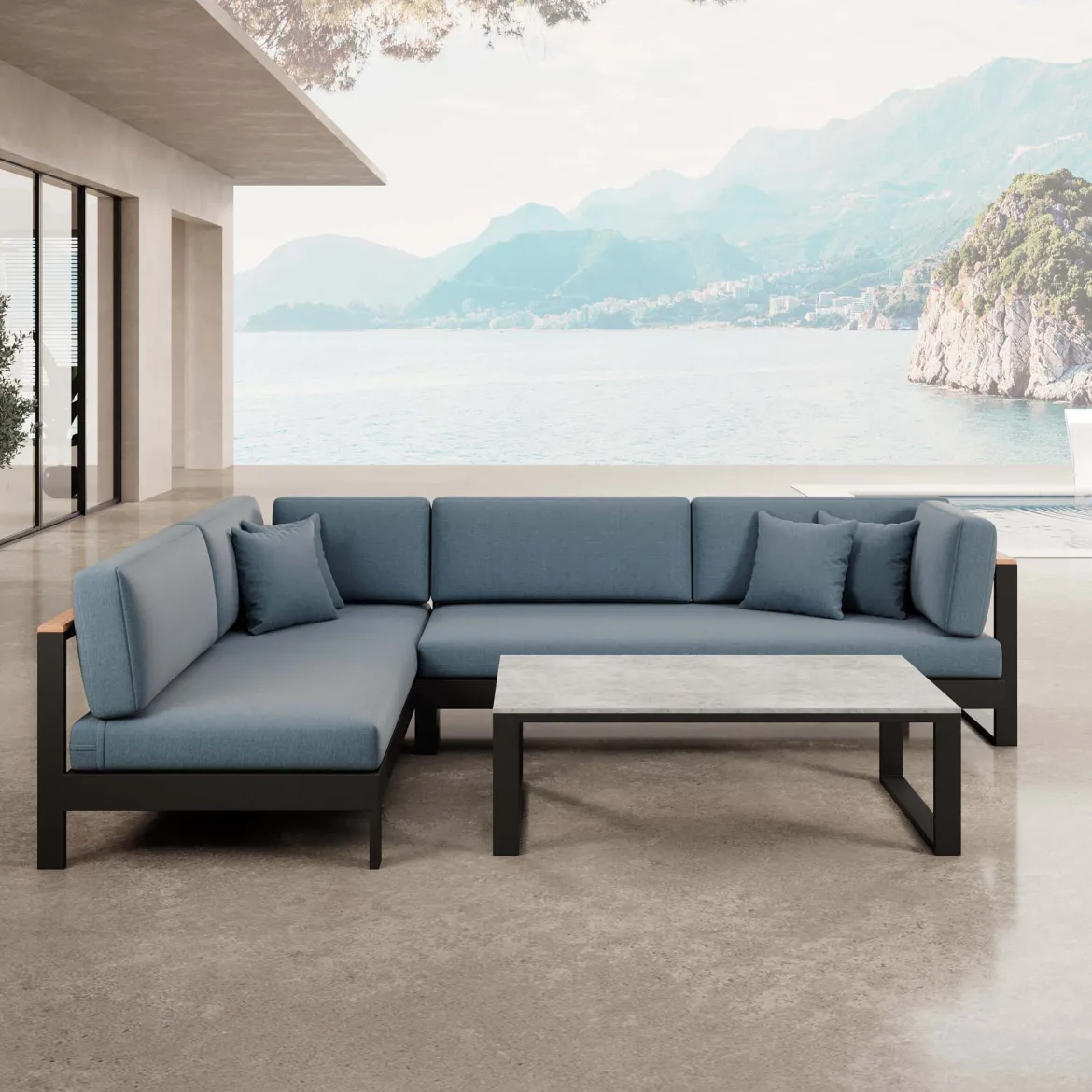 Vayla – Ecklounge, Ecksofa & Tisch aus schwarzem Aluminium | Aevora™ Kollektion