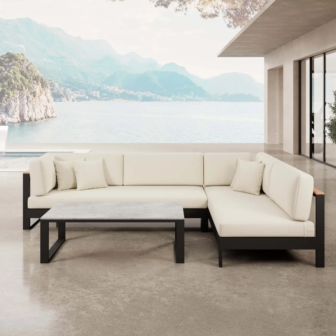 Vayla – Ecklounge, Ecksofa & Tisch aus schwarzem Aluminium | Aevora™ Kollektion