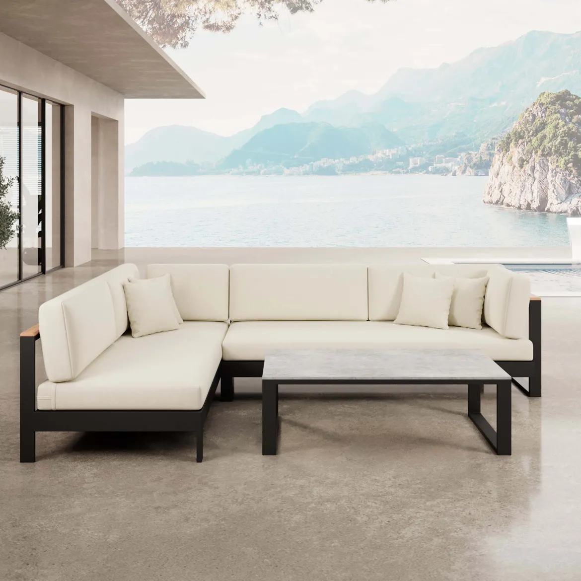 Vayla – Ecklounge, Ecksofa & Tisch aus schwarzem Aluminium | Aevora™ Kollektion