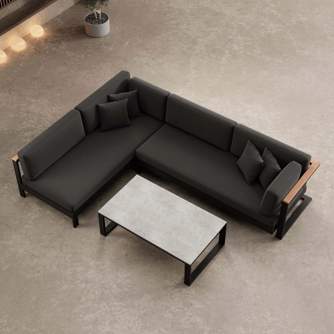 Vayla – Ecklounge, Ecksofa & Tisch aus schwarzem Aluminium | Aevora™ Kollektion