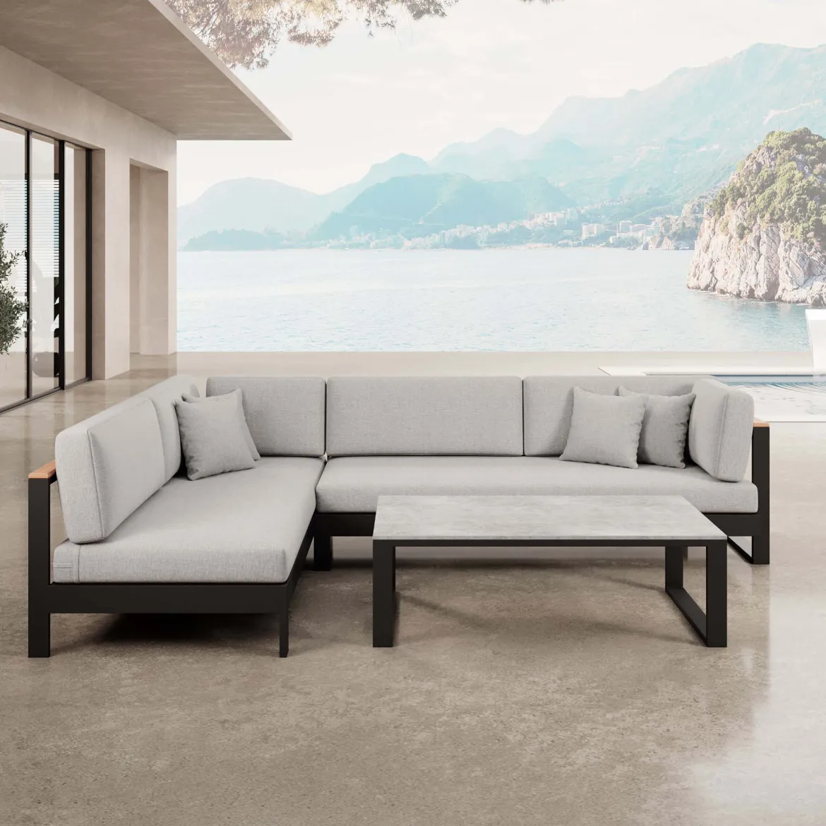 Vayla – Ecklounge, Ecksofa & Tisch aus schwarzem Aluminium | Aevora™ Kollektion