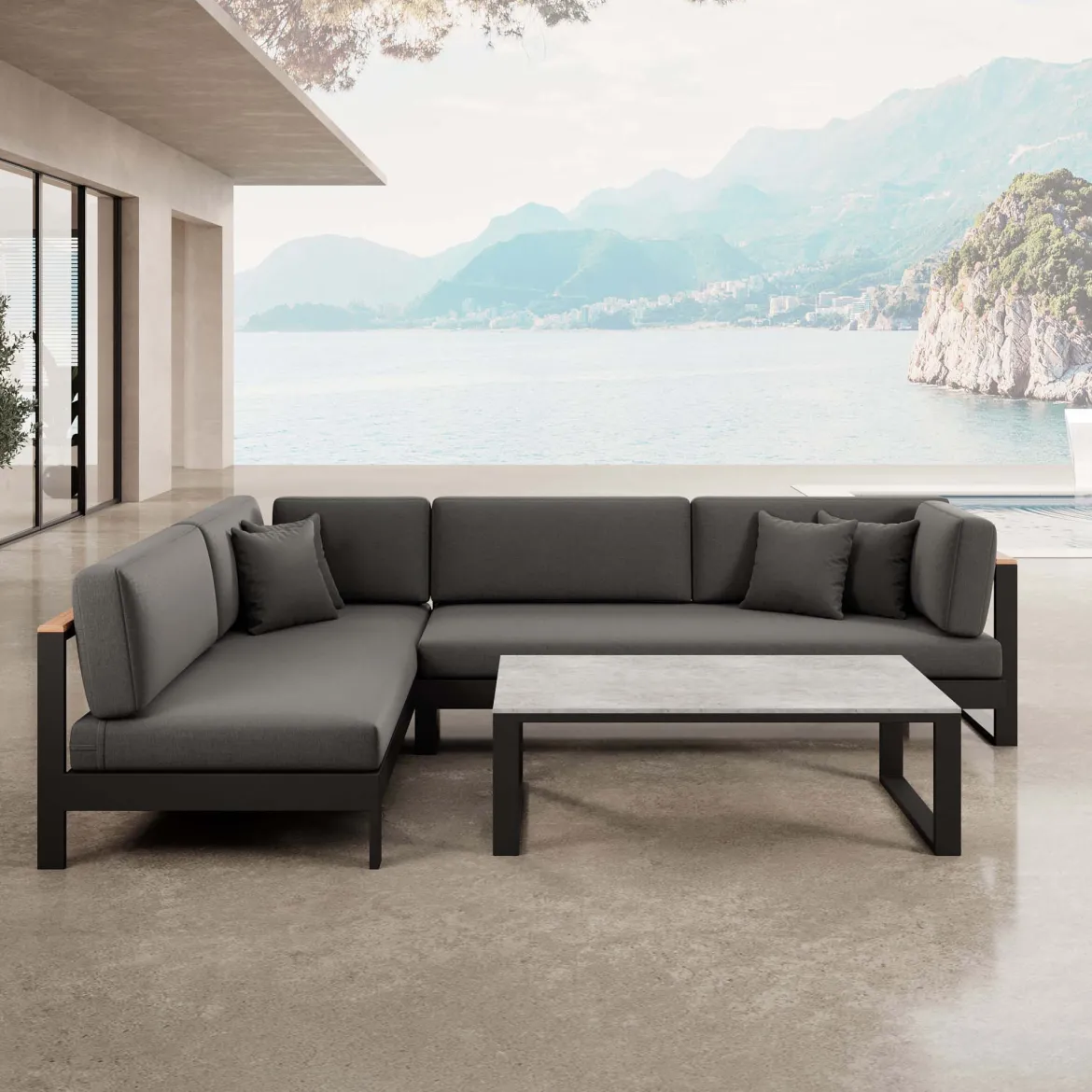 Vayla – Ecklounge, Ecksofa & Tisch aus schwarzem Aluminium | Aevora™ Kollektion