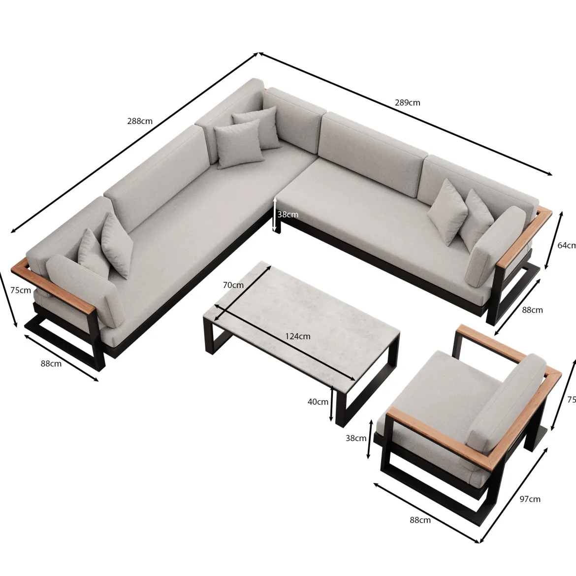 Vayla III – Loungegruppe mit Ecksofa, Loungesessel & Tisch aus schwarzem Aluminium | Aevora™ Kollektion