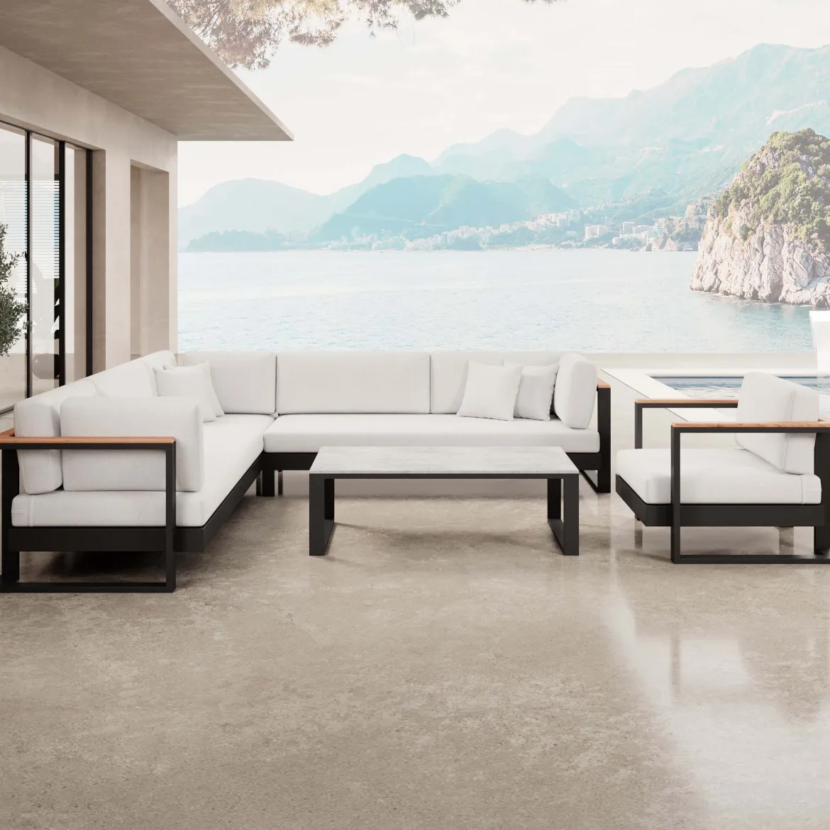Vayla III – Loungegruppe mit Ecksofa, Loungesessel & Tisch aus schwarzem Aluminium | Aevora™ Kollektion