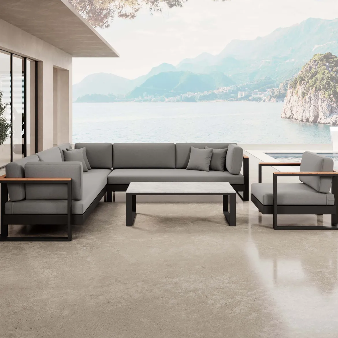 Vayla III – Loungegruppe mit Ecksofa, Loungesessel & Tisch aus schwarzem Aluminium | Aevora™ Kollektion