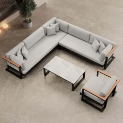 Vayla III – Loungegruppe mit Ecksofa, Loungesessel & Tisch aus schwarzem Aluminium | Aevora™ Kollektion