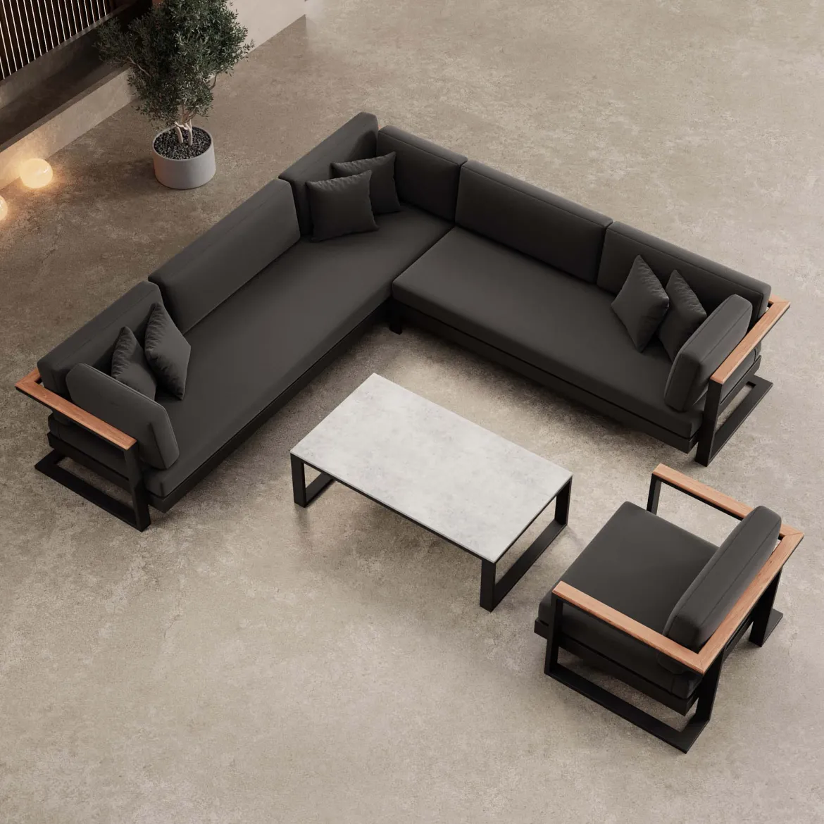 Vayla III – Loungegruppe mit Ecksofa, Loungesessel & Tisch aus schwarzem Aluminium | Aevora™ Kollektion