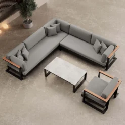 Vayla III – Loungegruppe mit Ecksofa, Loungesessel & Tisch aus schwarzem Aluminium | Aevora™ Kollektion