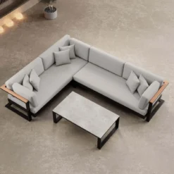 Vayla II – L-Form Outdoor Sofa & Tisch in schwarzem Aluminium | Aevora™ Kollektion