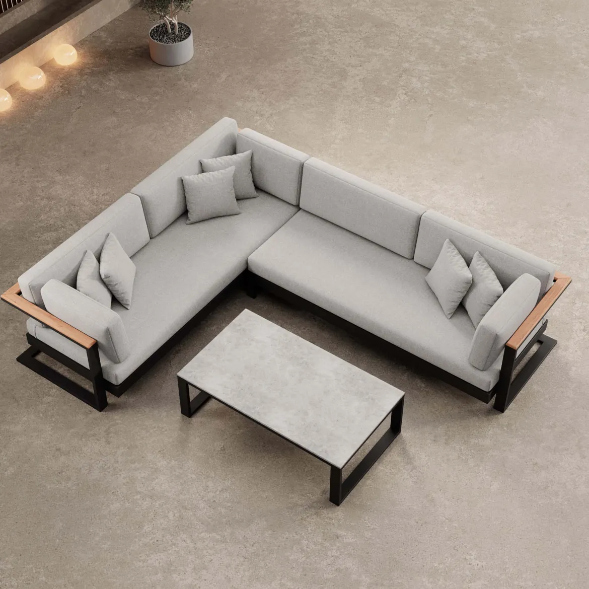 Vayla II – L-Form Outdoor Sofa & Tisch in schwarzem Aluminium | Aevora™ Kollektion