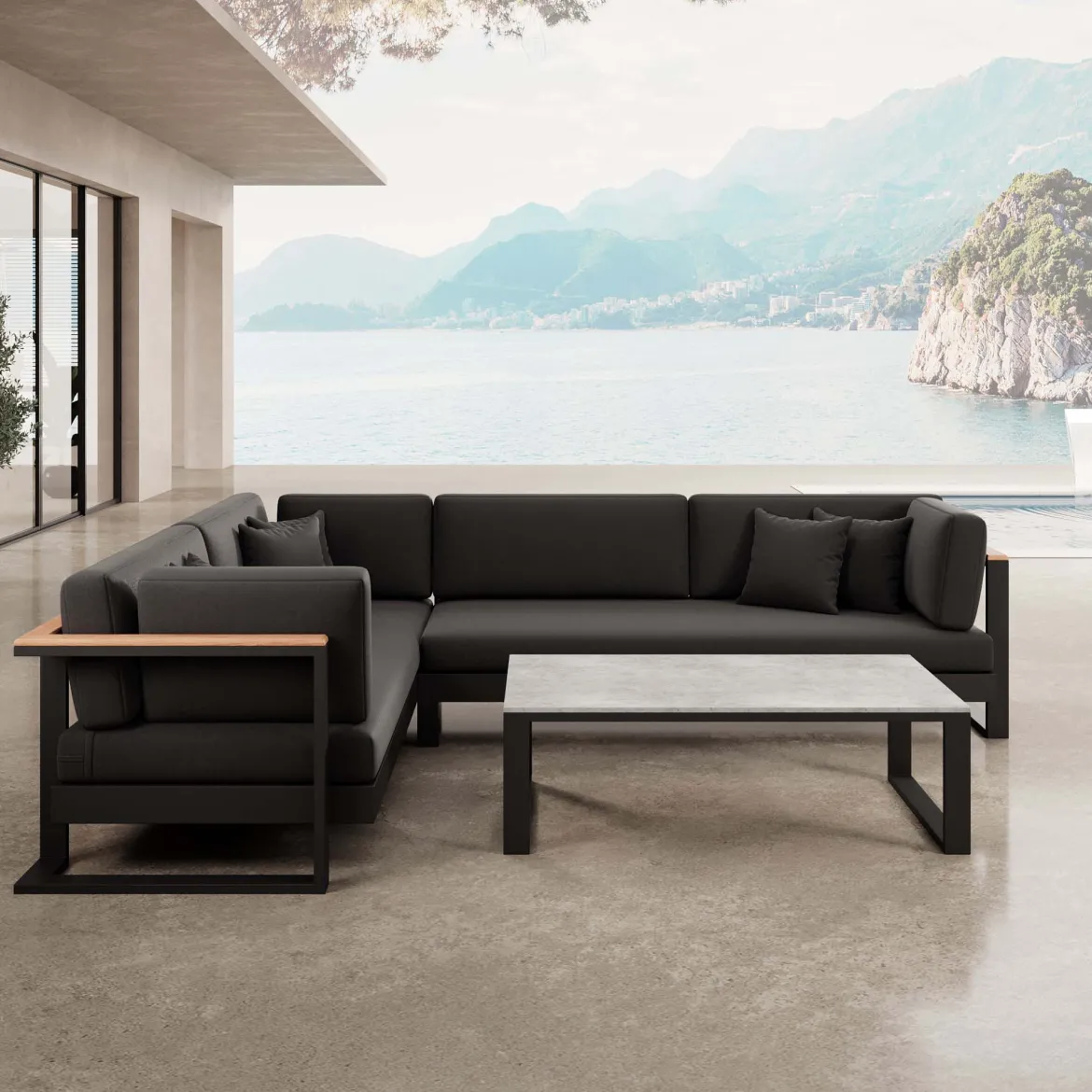 Vayla II – L-Form Outdoor Sofa & Tisch in schwarzem Aluminium | Aevora™ Kollektion