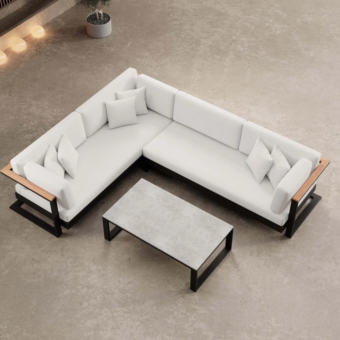 Vayla II – L-Form Outdoor Sofa & Tisch in schwarzem Aluminium | Aevora™ Kollektion