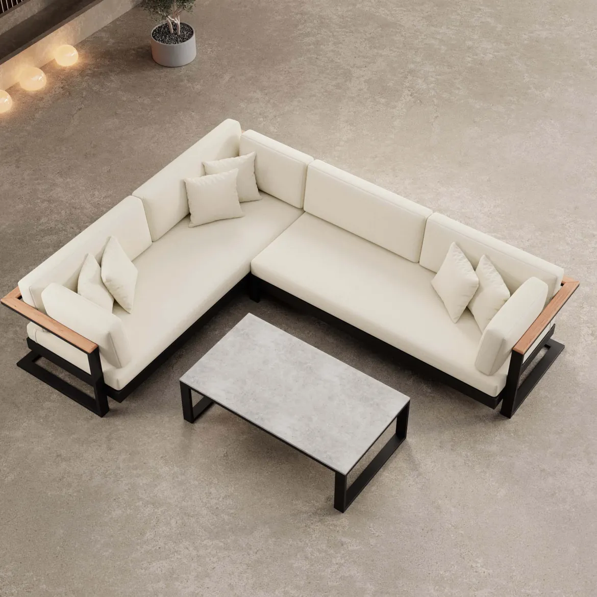 Vayla II – L-Form Outdoor Sofa & Tisch in schwarzem Aluminium | Aevora™ Kollektion