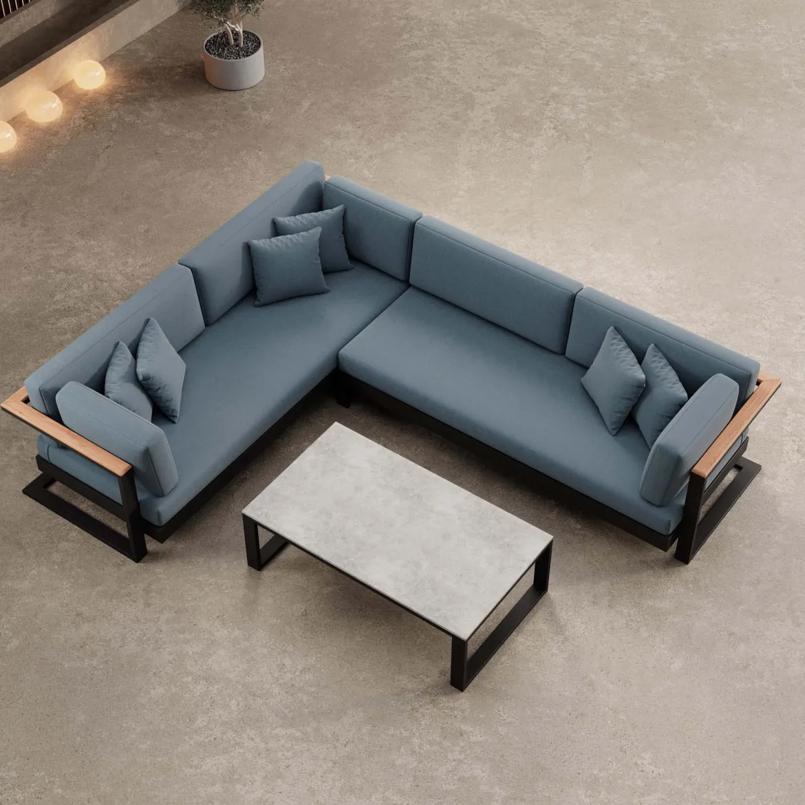 Vayla II – L-Form Outdoor Sofa & Tisch in schwarzem Aluminium | Aevora™ Kollektion